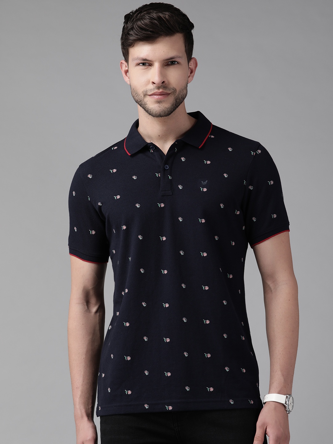 

Blackberrys Men Navy Blue Floral Print Polo Collar T-shirt