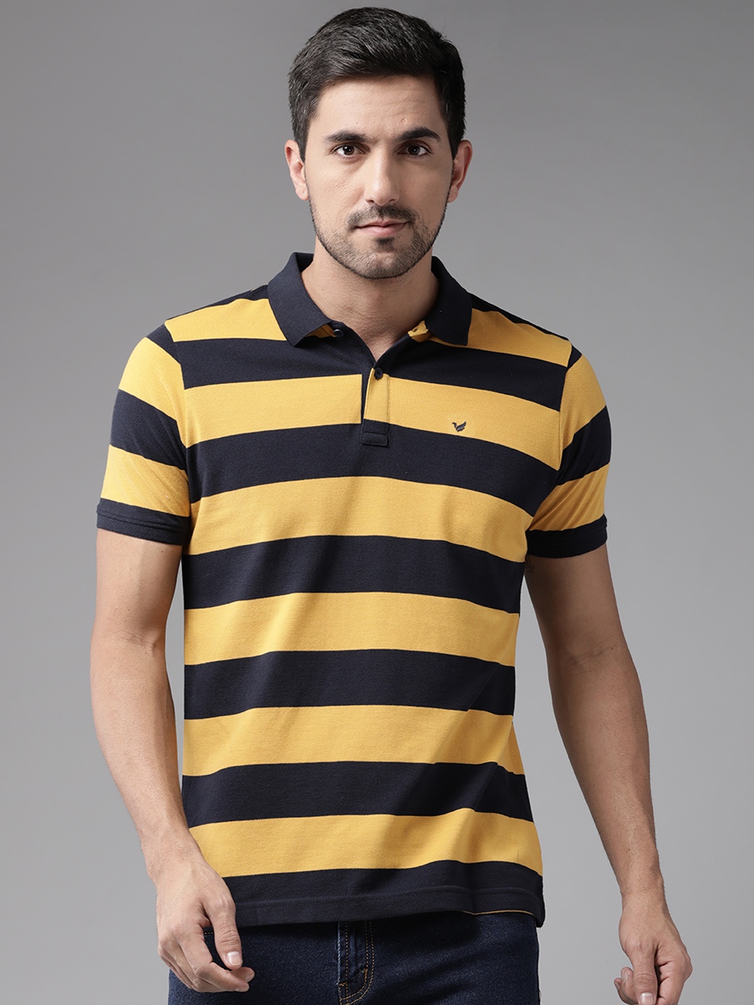

Blackberrys Men Yellow & Navy Blue Striped Polo Collar T-shirt