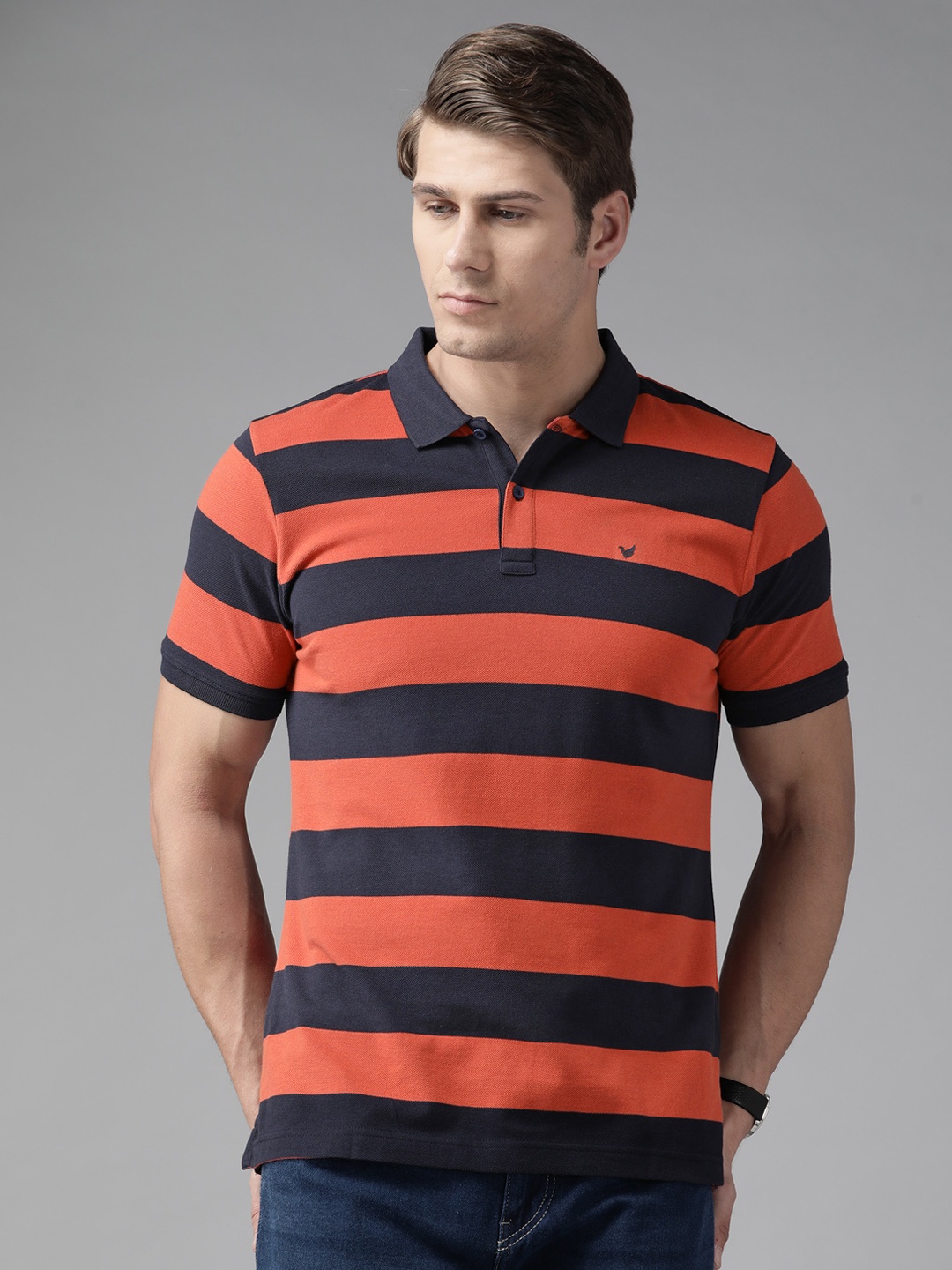 

Blackberrys Men Rust Orange & Navy Blue Striped Polo Collar T-shirt
