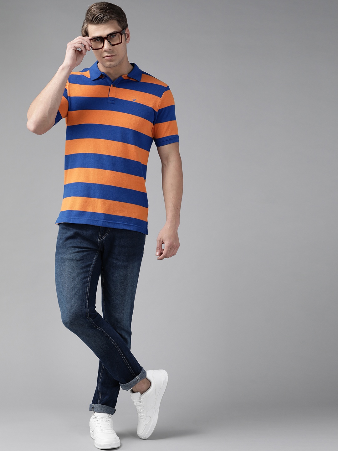 

Blackberrys Men Orange & Blue Striped Polo Collar T-shirt