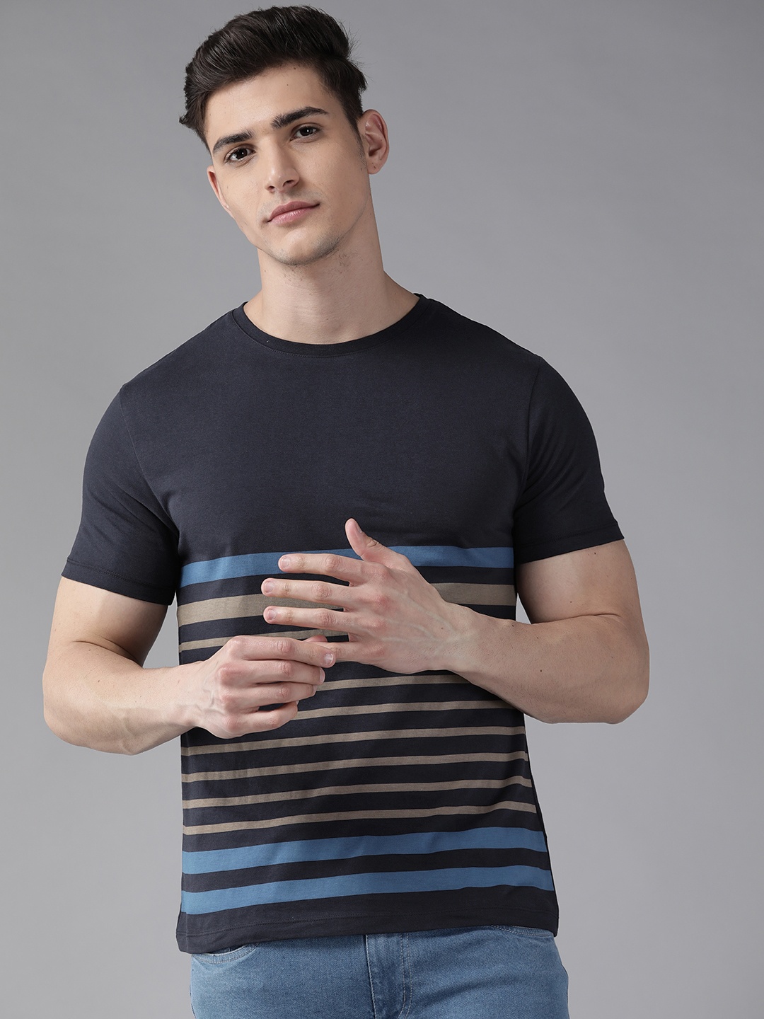 

Blackberrys Men Navy Blue & Beige Pure Cotton Striped T-shirt