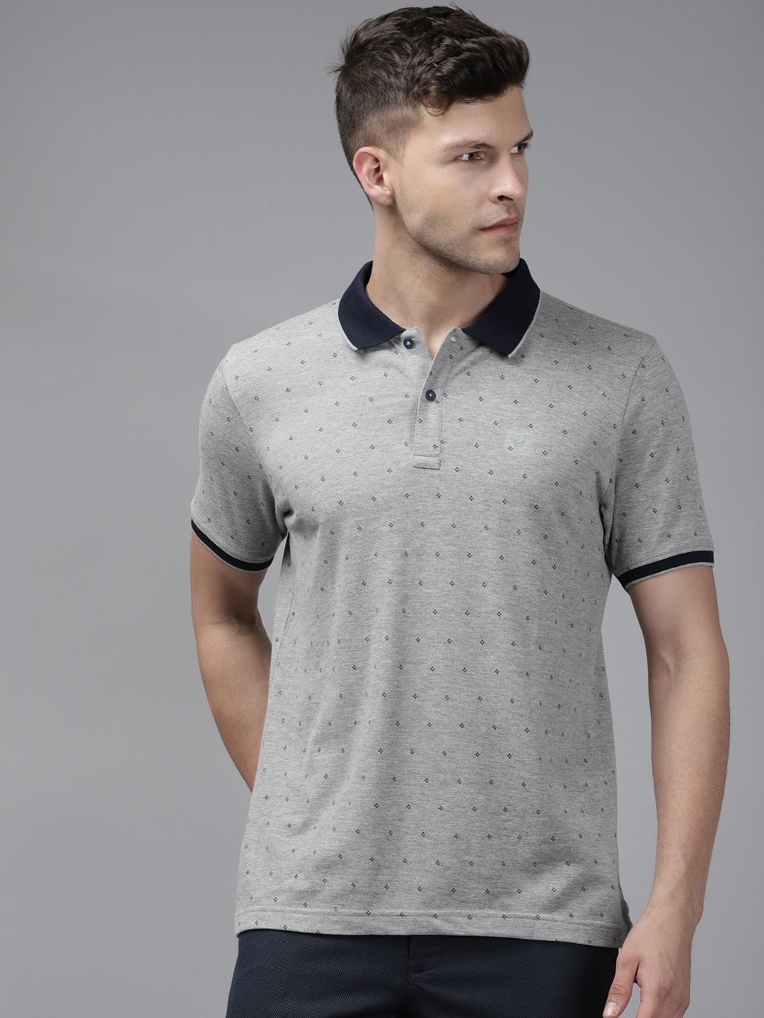 

Blackberrys Men Grey Melange & Navy Blue Printed Polo Collar T-shirt