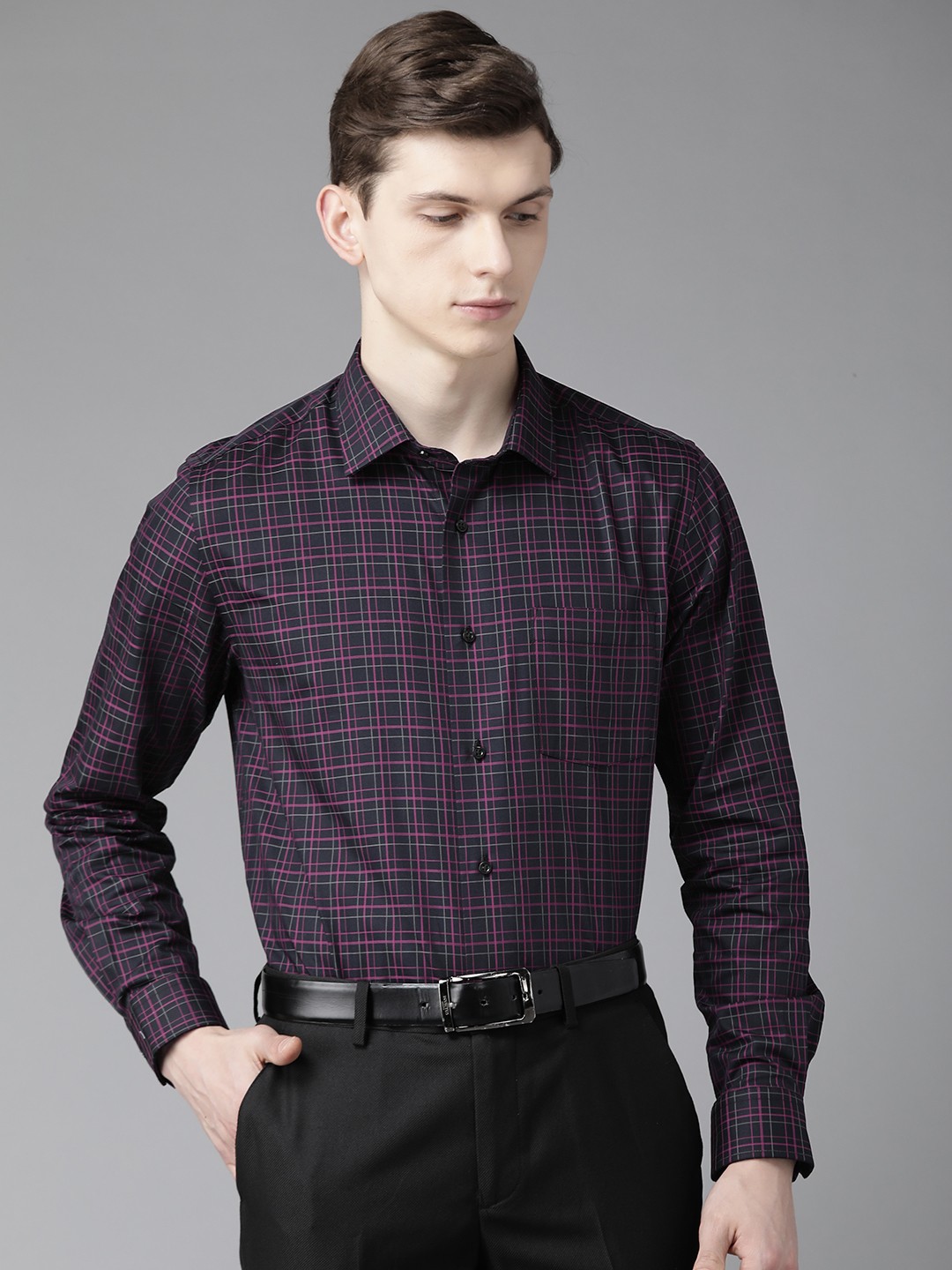 

Blackberrys Men Burgundy & Black India Slim Fit Gingham Checks Checked Formal Shirt