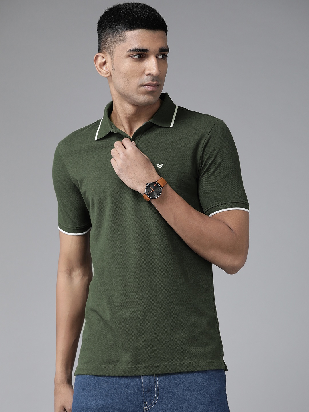 

Blackberrys Men Olive Green Polo Collar Pure Cotton T-shirt