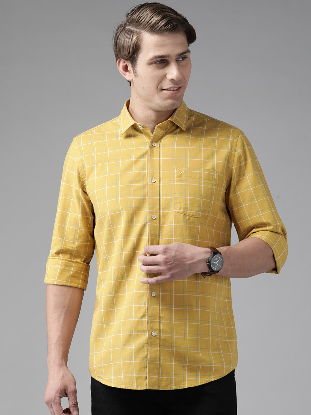 

Blackberrys Men Mustard Yellow & White Pure Cotton India Slim Fit Checked Casual Shirt