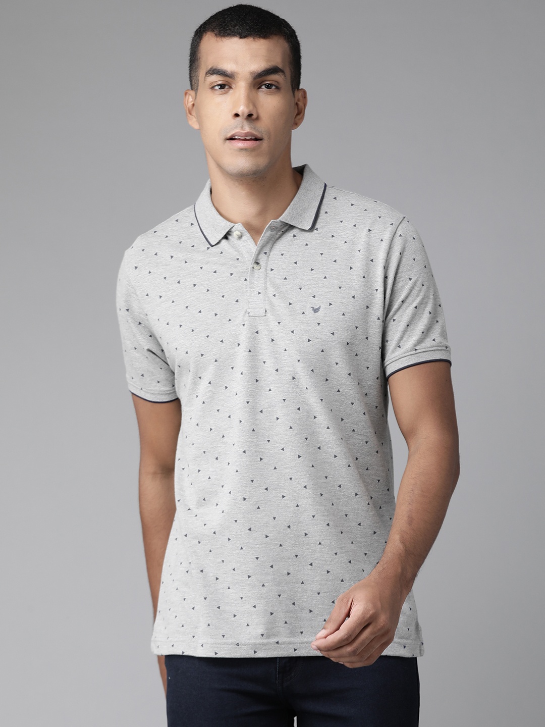

Blackberrys Men Grey Melange Printed Polo Collar Slim Fit T-shirt