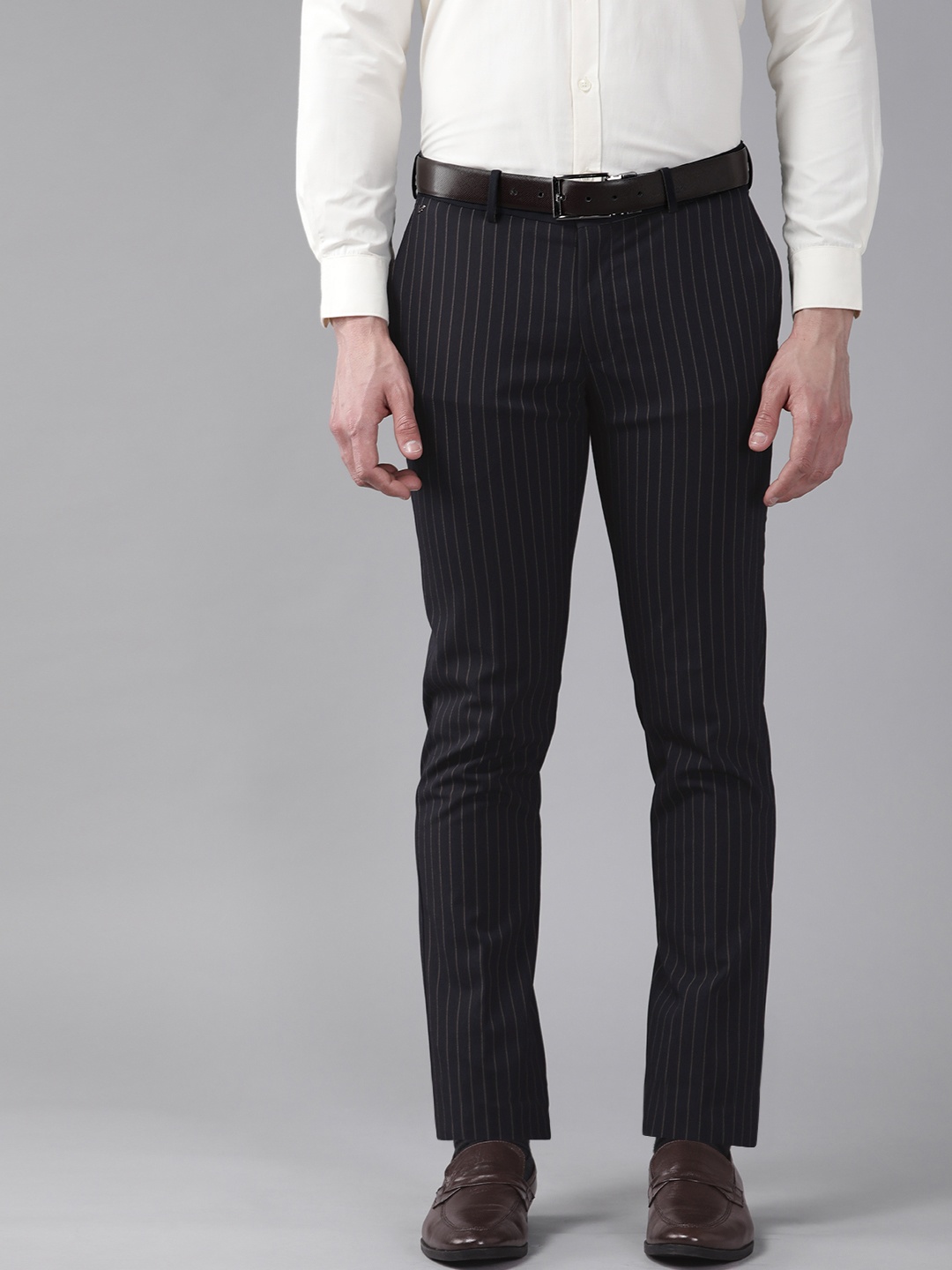 

Blackberrys Men Navy Blue Striped B-91 Skinny Fit Low-Rise Trousers