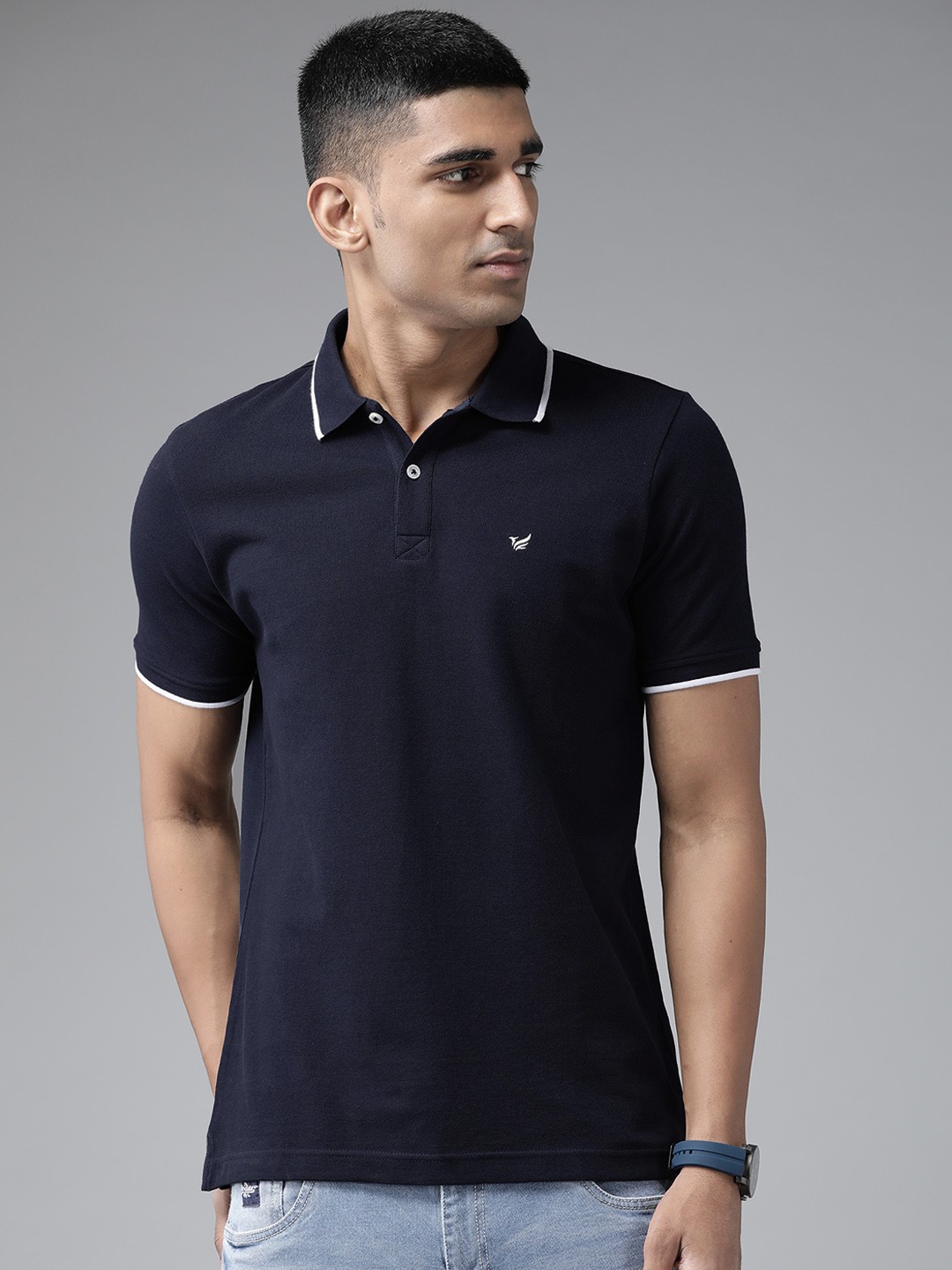 

Blackberrys Men Navy Blue Polo Collar Pure Cotton T-shirt