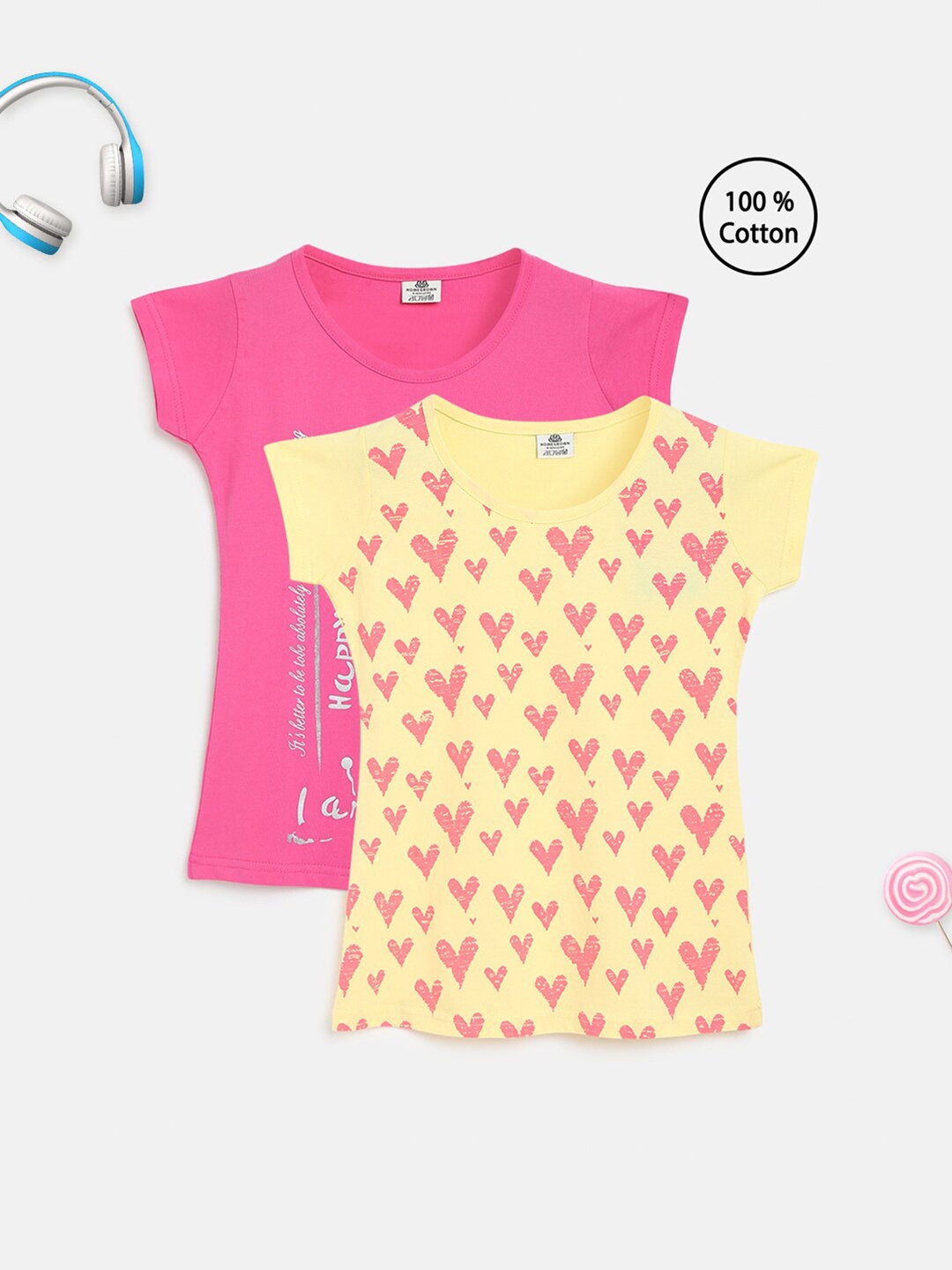 

HOMEGROWN Pack of 2 Girls Pink & Yellow Print Cotton Top