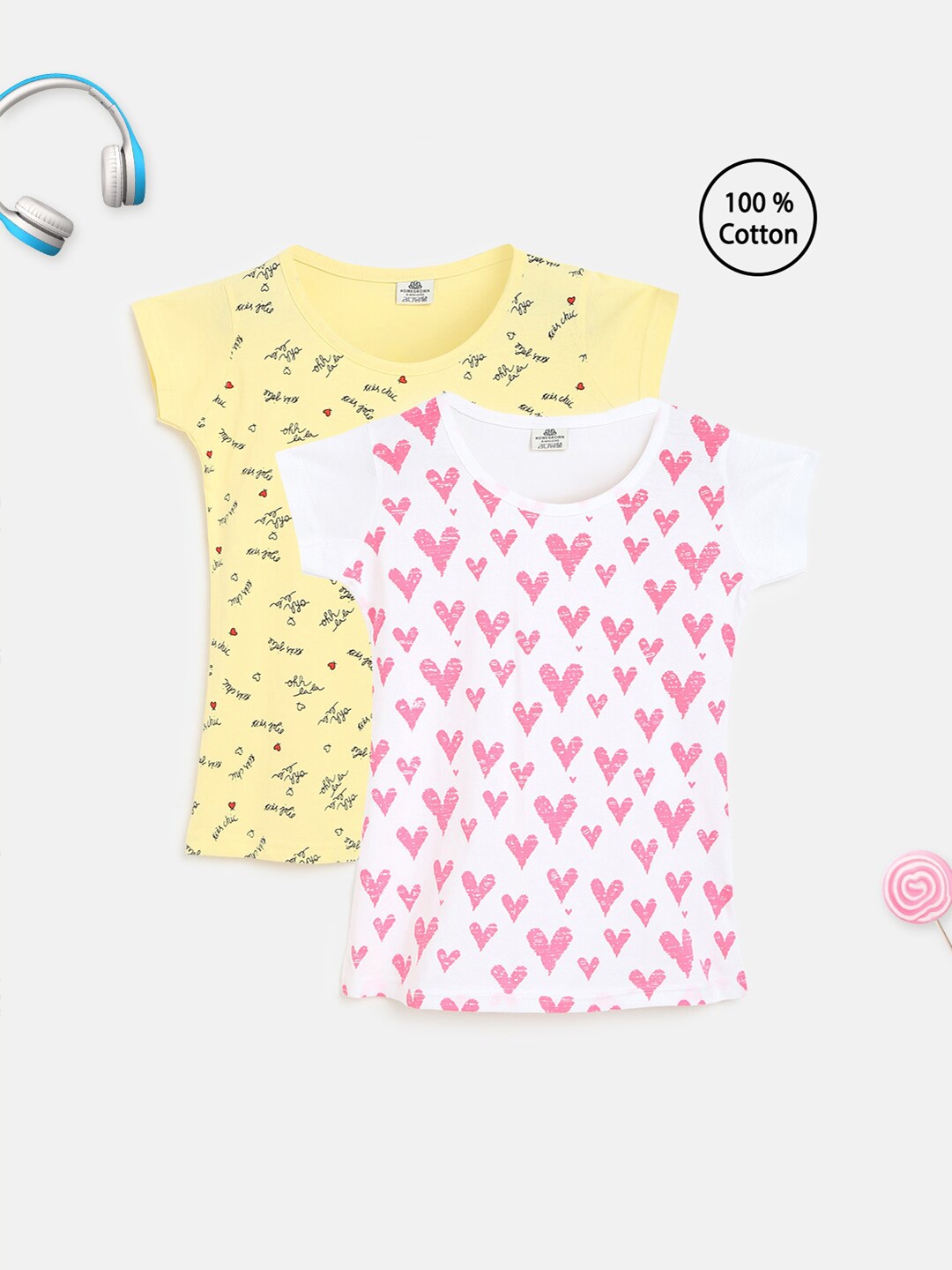 

HOMEGROWN Girls Set of 2 White & Yellow Printed Cotton Top