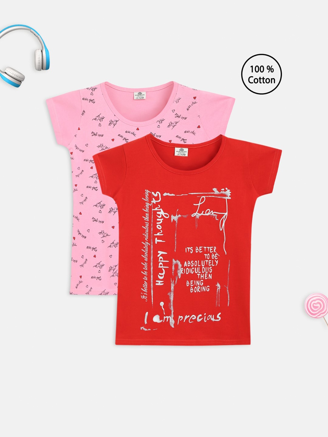 

HOMEGROWN Girls Pack of 2 Red & Pink Print Top