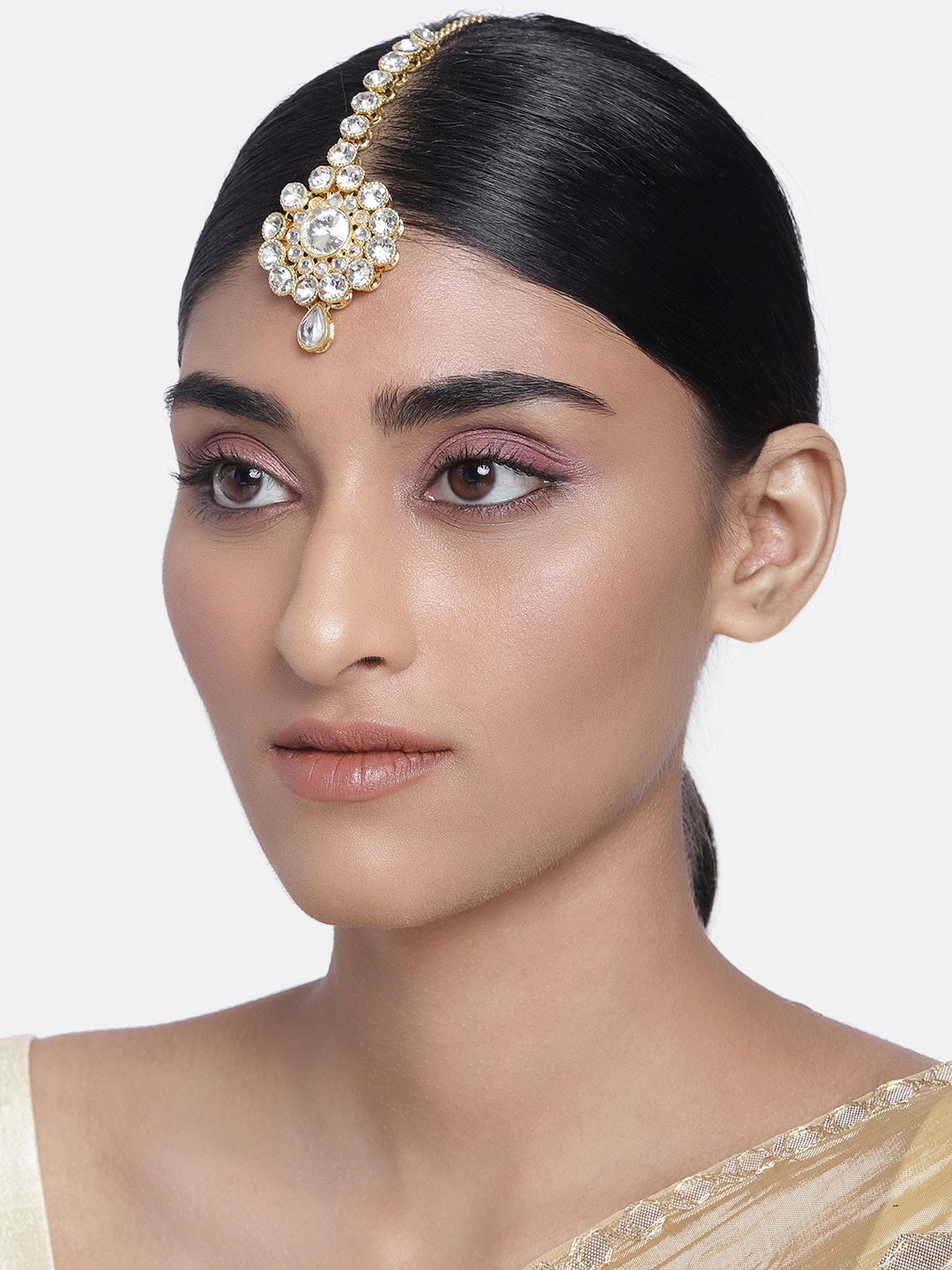 

I Jewels Women Gold Plated White Stone Kundan Maang Tikka