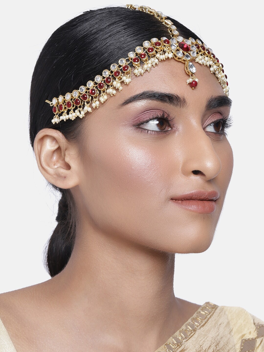 

I Jewels Gold-Plated & Maroon Kundan Studded Matha Patti