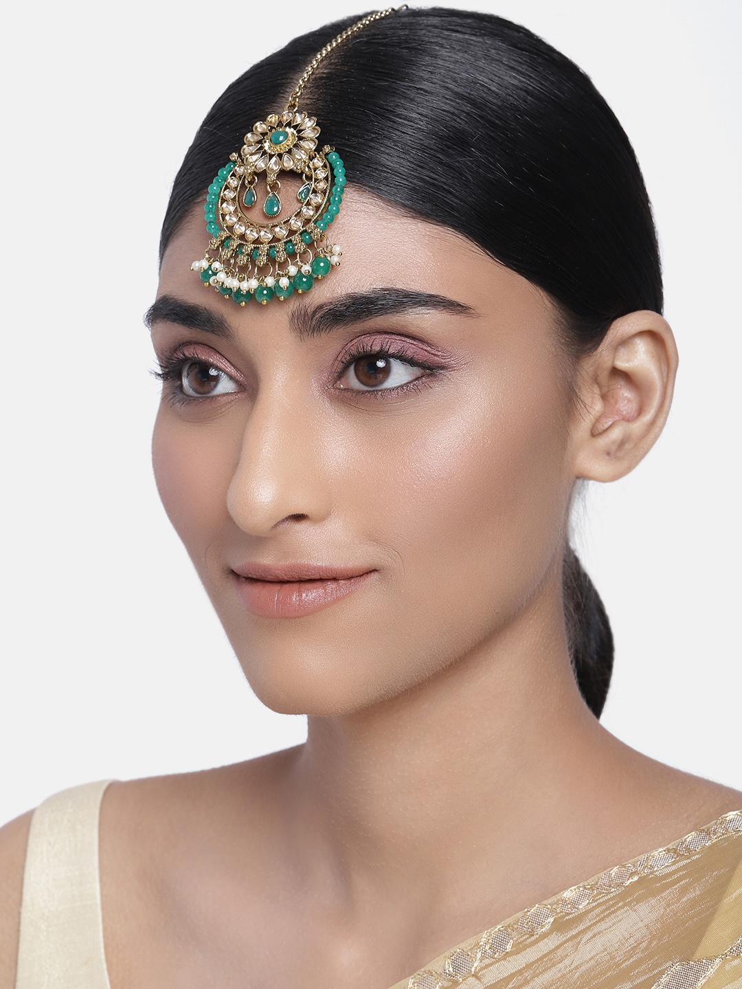 

I Jewels Women Green Gold Plated Kundan & Pearl Studded Maang Tikka