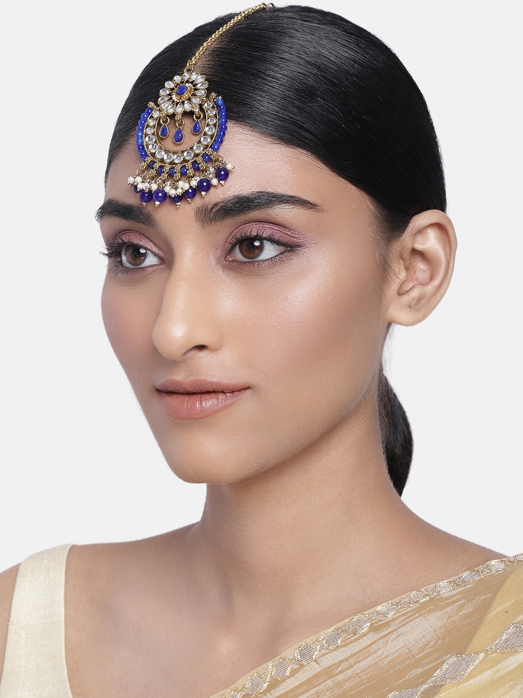 

I Jewels Women Blue Gold-Plated Kundan & Pearl Studded Maang Tikka