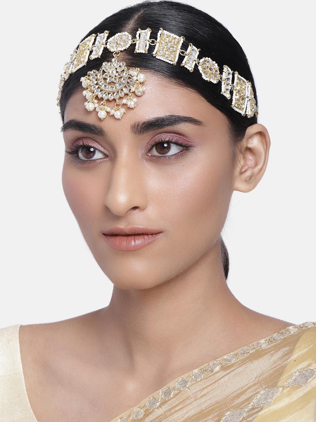 

I Jewels Women White Gold plated Kundan-Studded Sheeshphool