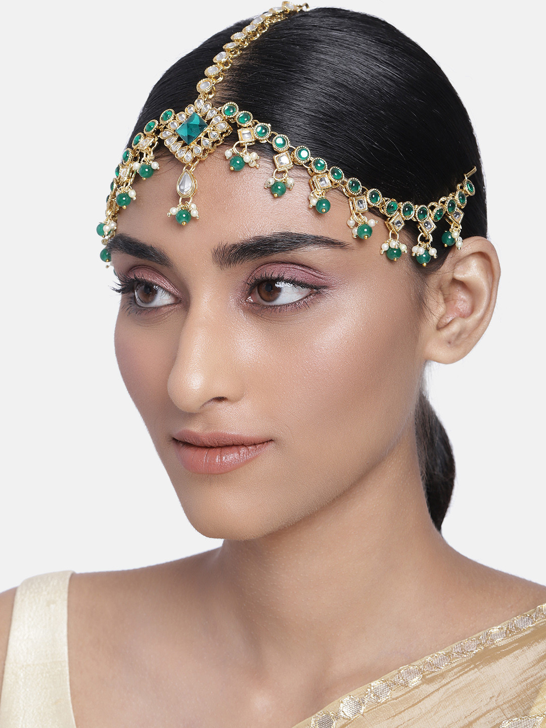 

I Jewels Women Green Gold-plated kundan Embellishedi Bridal Matha Patti