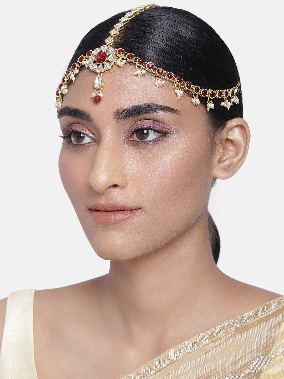 

I Jewels Gold-Plated & Maroon Kundan-Studded Beaded Matha Patti