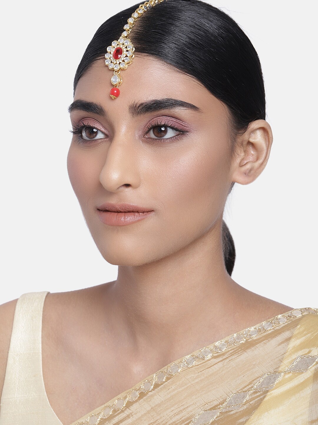 

I Jewels Gold-Plated & Red Kundan-Studded Beaded Maang Tika