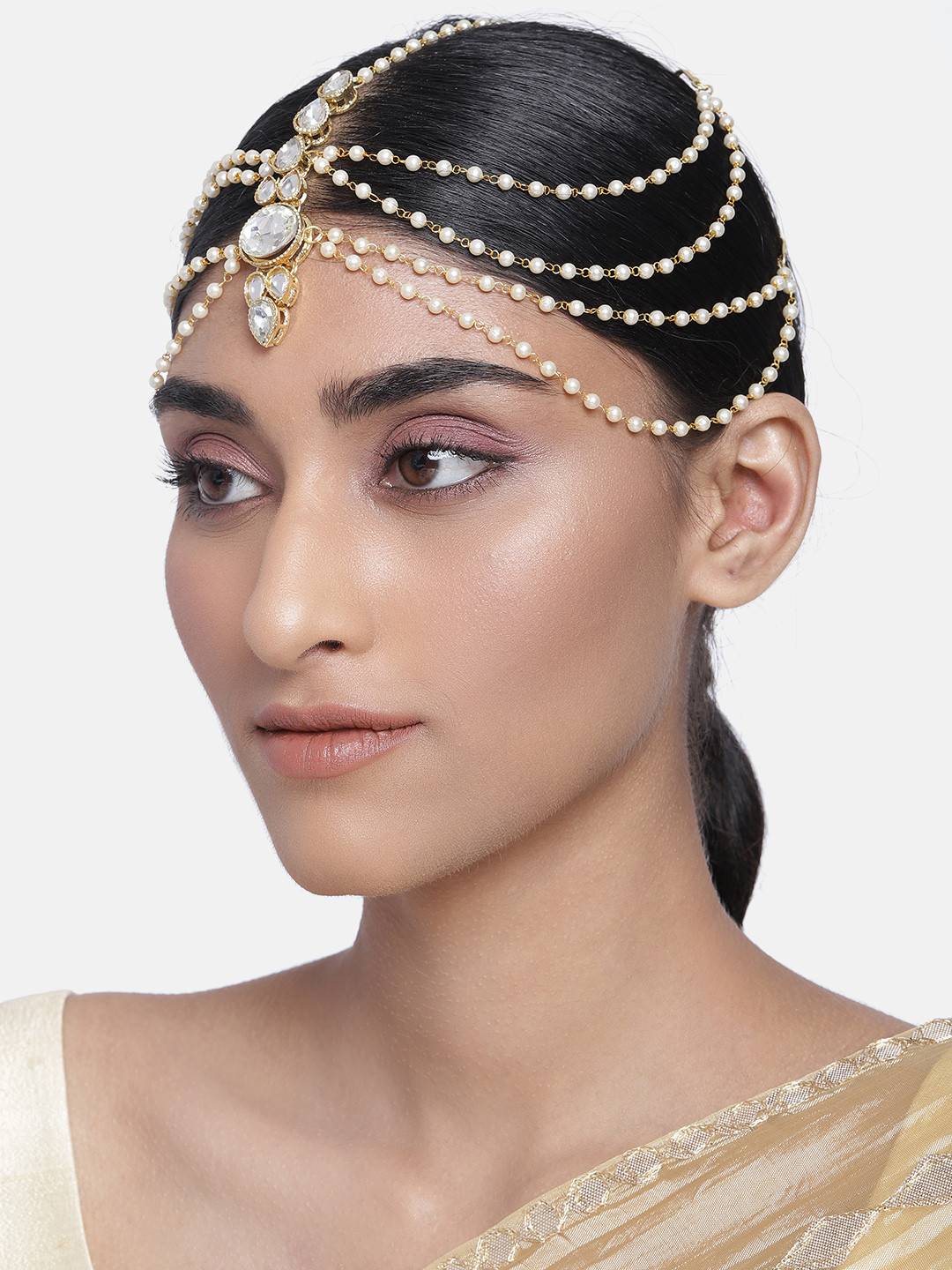 I Jewels Women White Gold-plated Matha Patti with kundan & Stone embellished detail