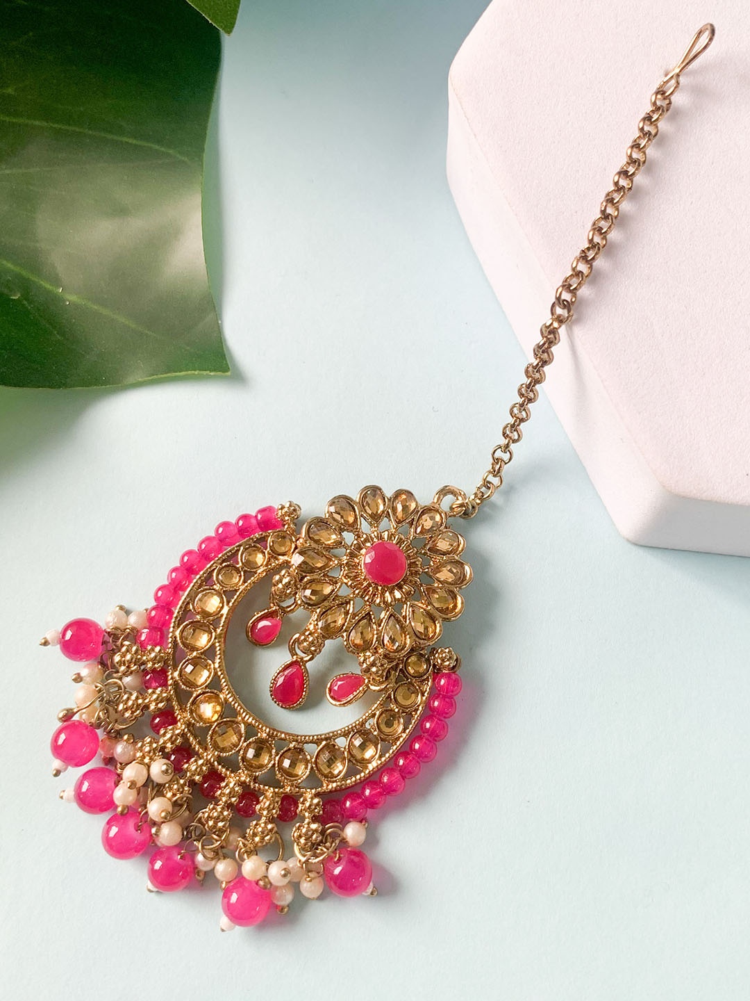 

I Jewels Women Pink & Gold-Plated Maang Tikka with kundan and Beads studded detail