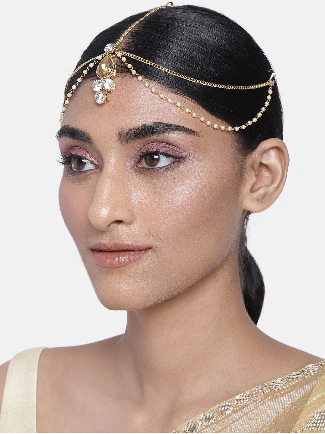 

I Jewels Women White Gold-Plated Traditional Pearl Layer with Stone Studded Mathapatti