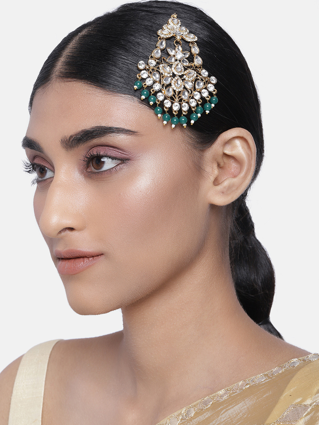 

I Jewels Women Green Gold-plated Jhumar Passa with Stone studded and beaded detailing
