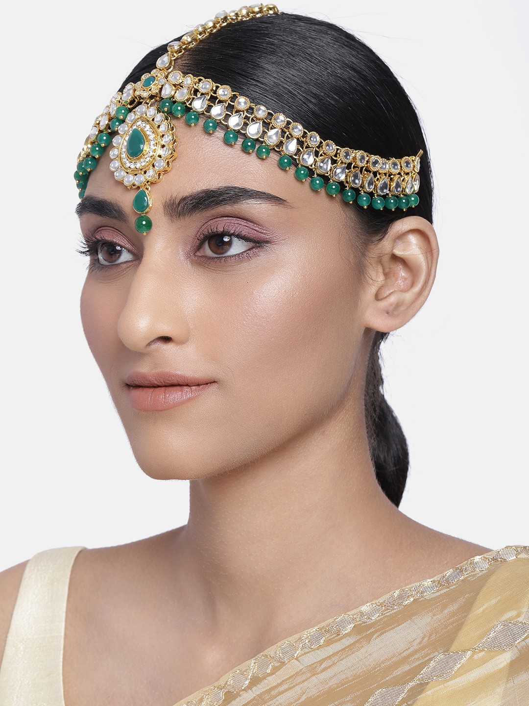 

I Jewels Women Green Gold-Plated Matha Patti with kundan embellished detail