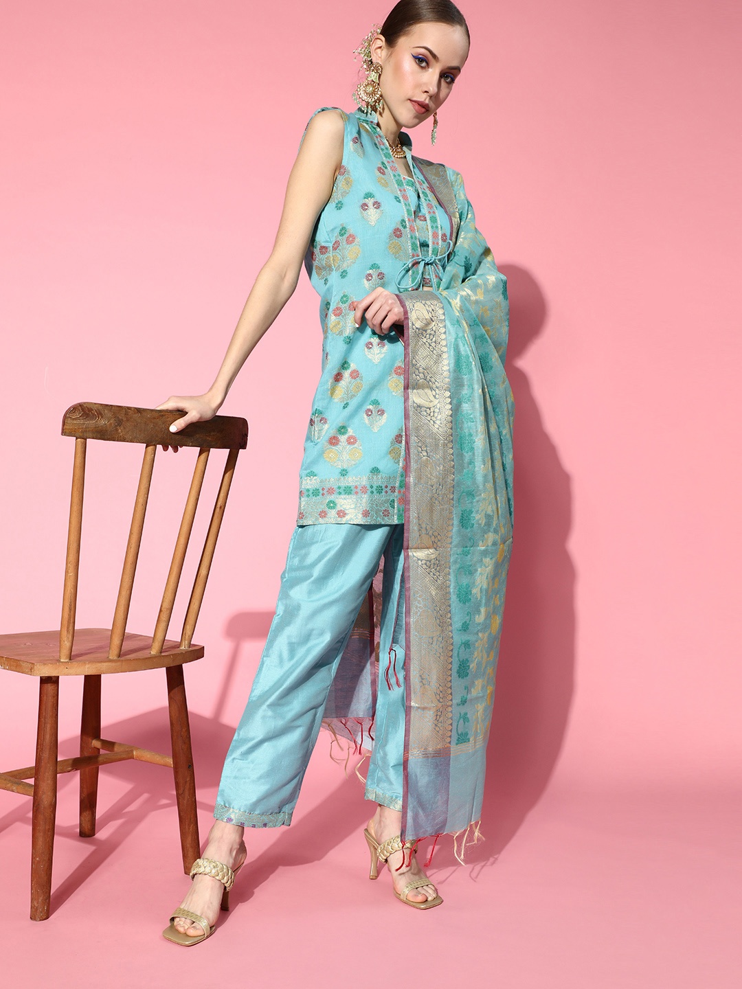 

Chhabra 555 Woven Design Silk Blend New Neckline Kurta Set, Turquoise blue