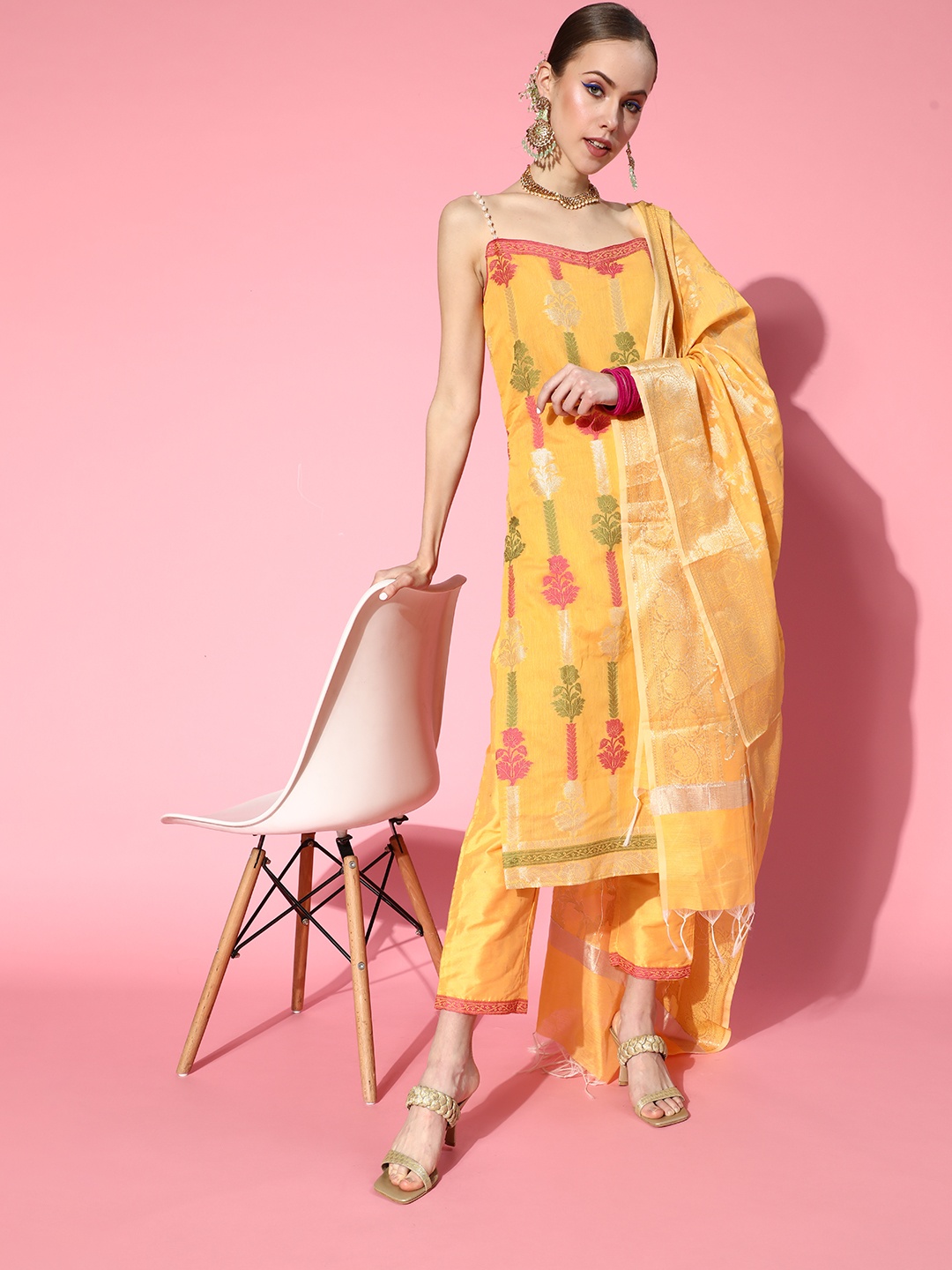 

Chhabra 555 Woven Design Silk Blend New Neckline Kurta Set, Yellow