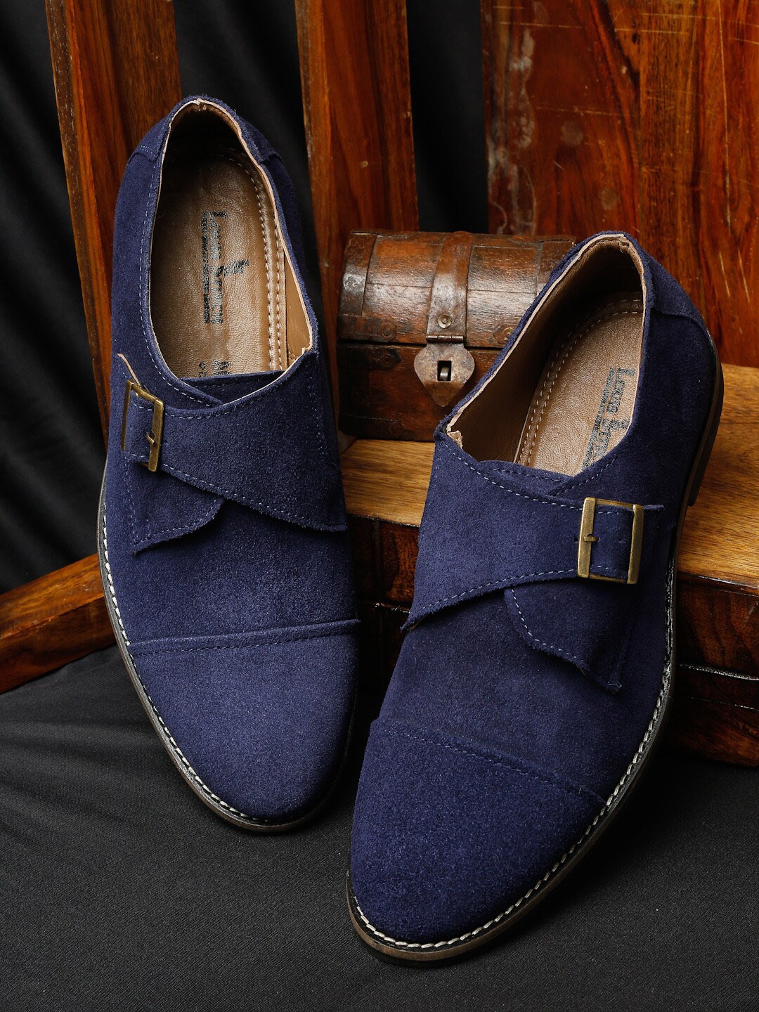 

LOUIS STITCH Men Blue Suede Slip-On Sneakers With Buckles