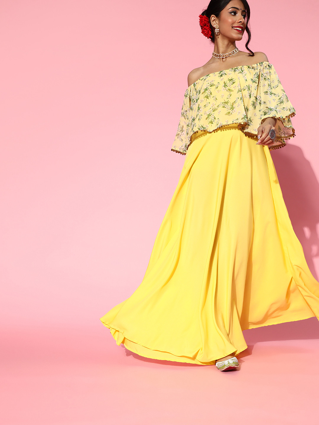 

Ahalyaa Women Bright Yellow Floral Bardot Maxi Dress