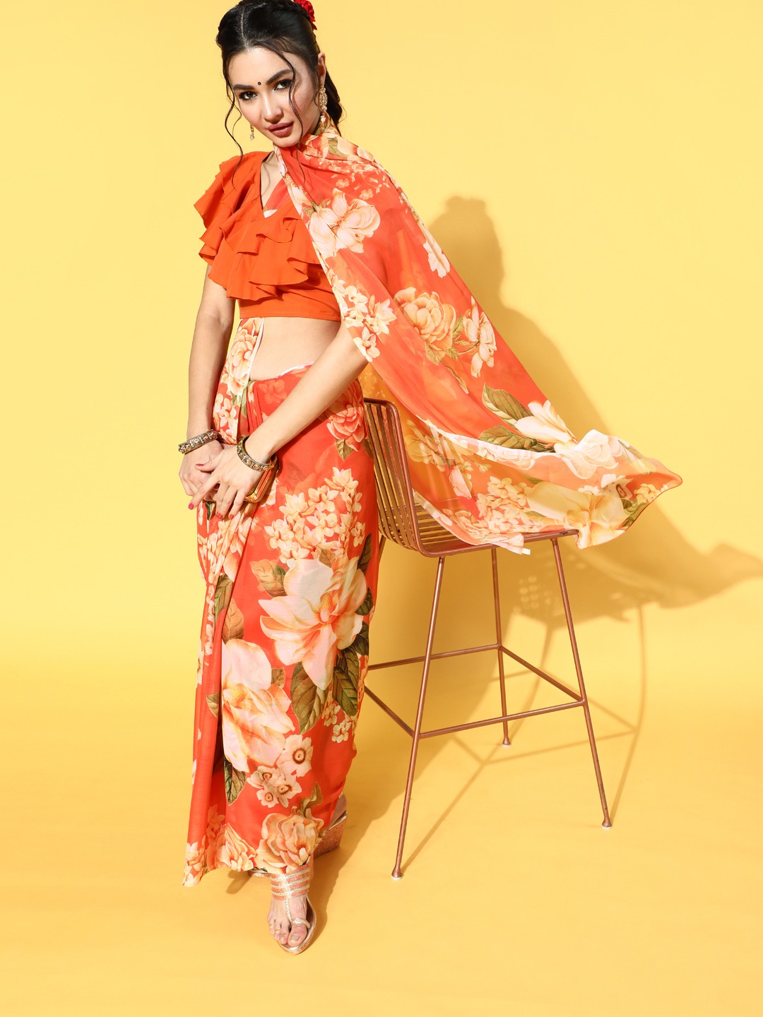 

Ahalyaa Floral Saree, Orange