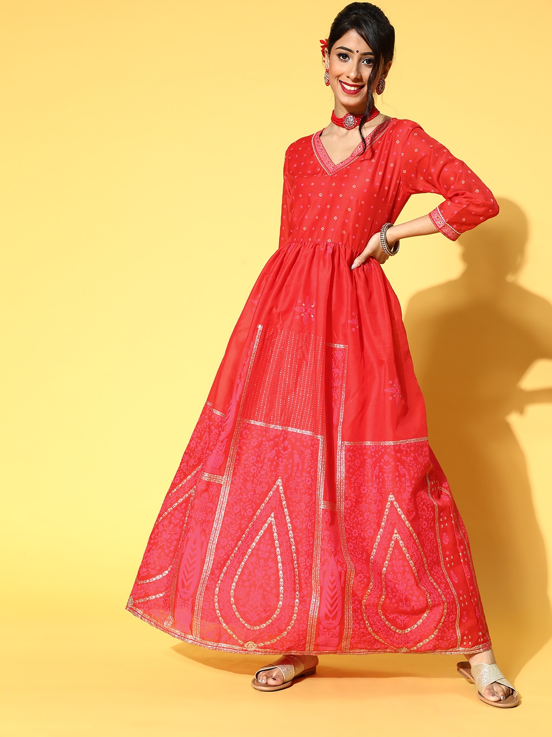 

Ahalyaa Red Ethnic Motifs Printed Ethnic Maxi Dress