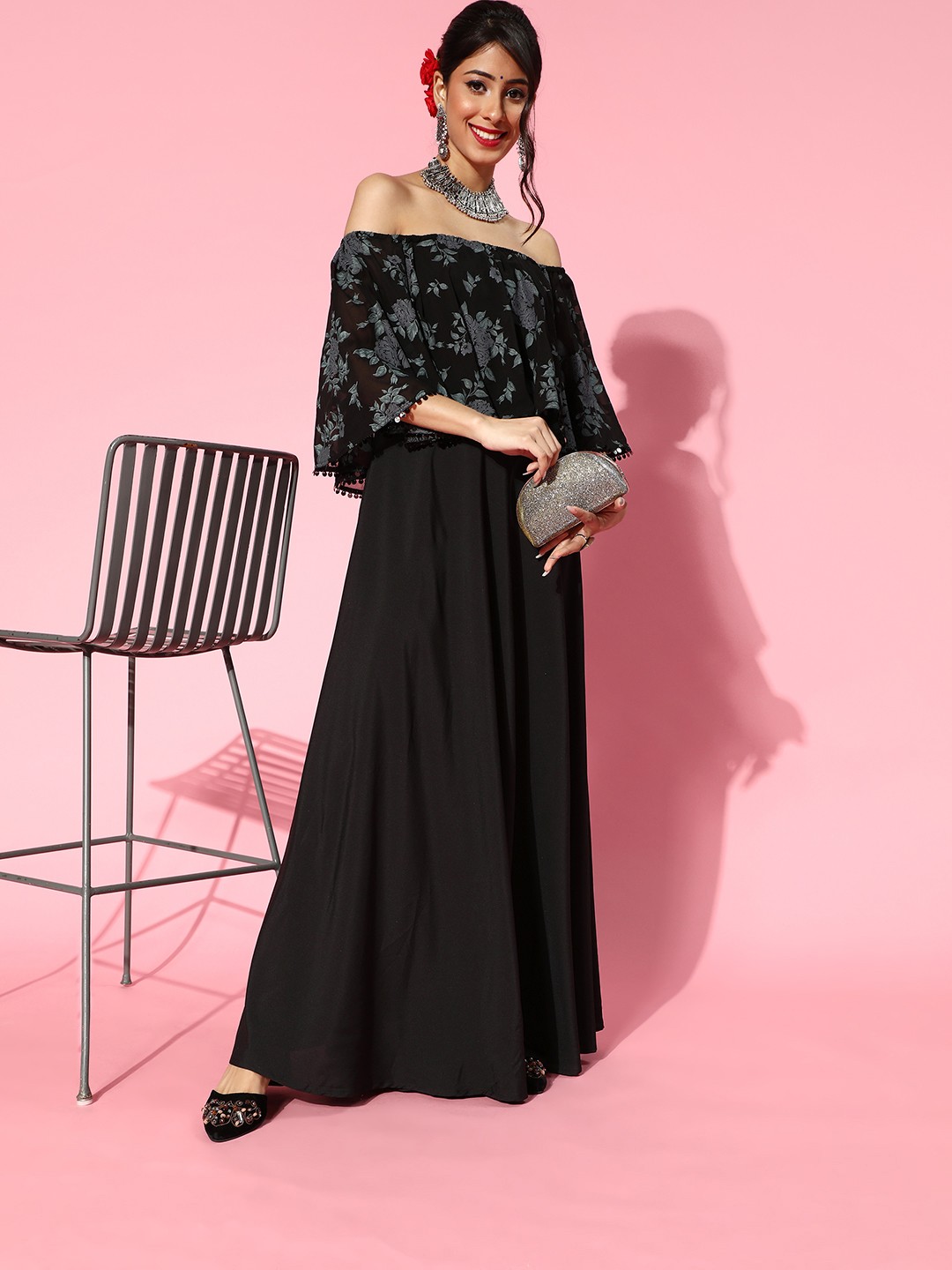 

Ahalyaa Black & Grey Floral Off-Shoulder Layered Maxi Dress