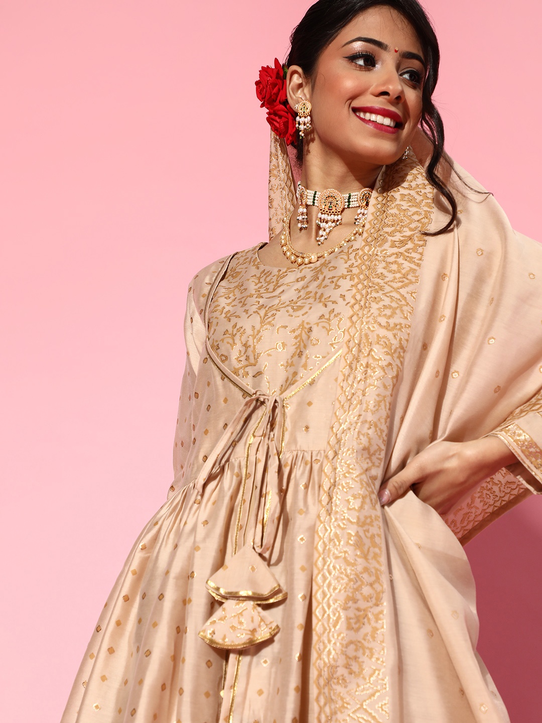 

Ahalyaa Tribal Chanderi Fusion Jacket Kurta Set, Tan