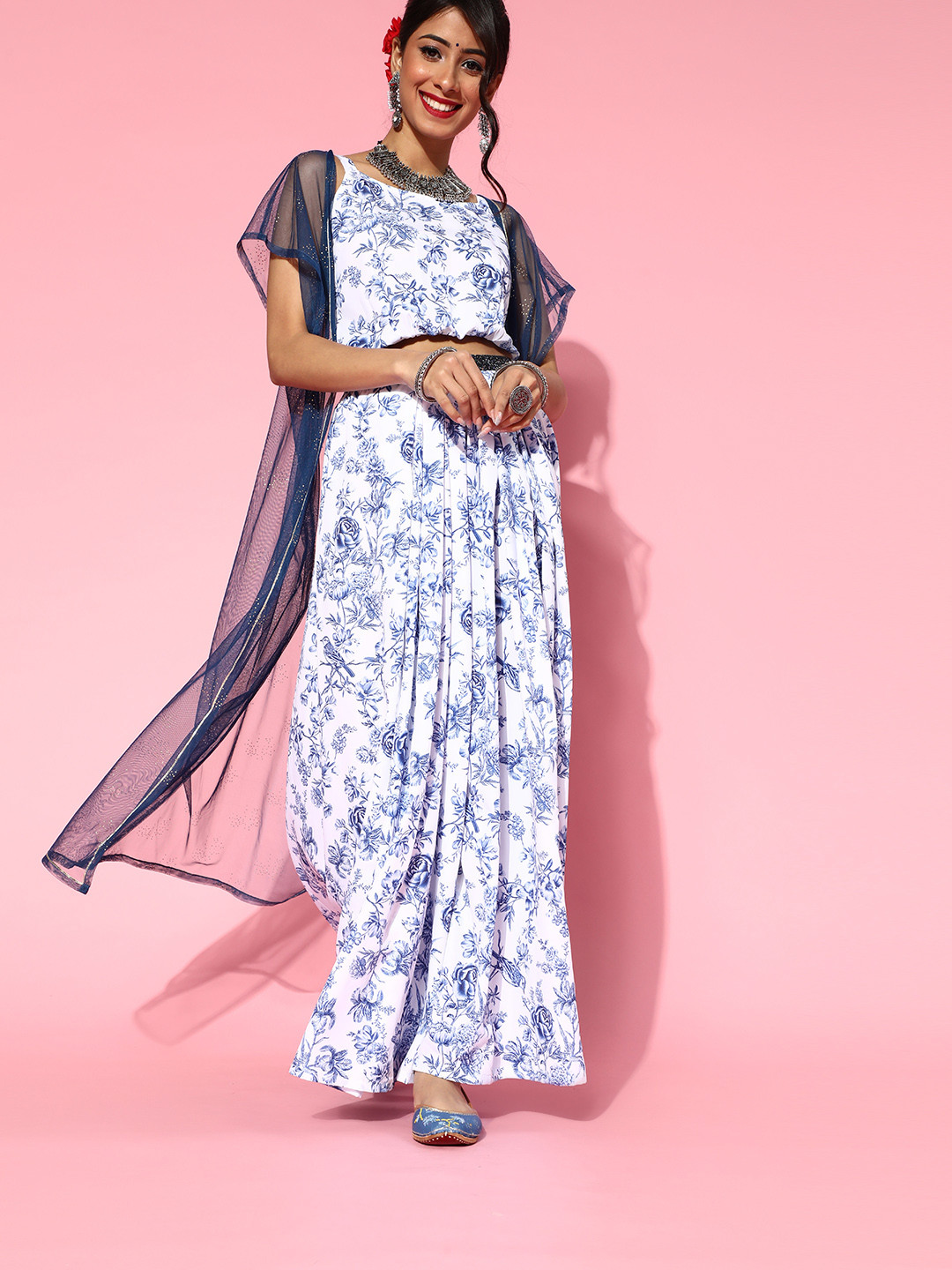 

Ahalyaa Women Blue Printed Top with Skirt with Net Overlay