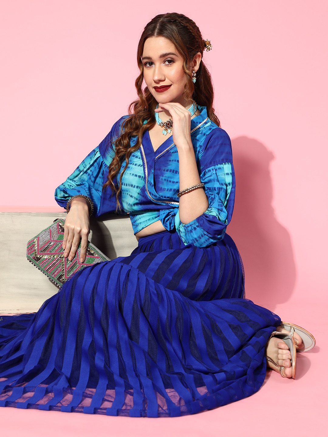 

Ahalyaa Women Stunning Blue Printed Top with Solid Skirt