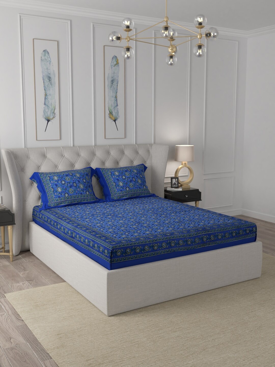 

JAIPUR FABRIC Blue & Green Ethnic Motifs Cotton 180 TC Queen Bedsheet with 2 Pillow Covers
