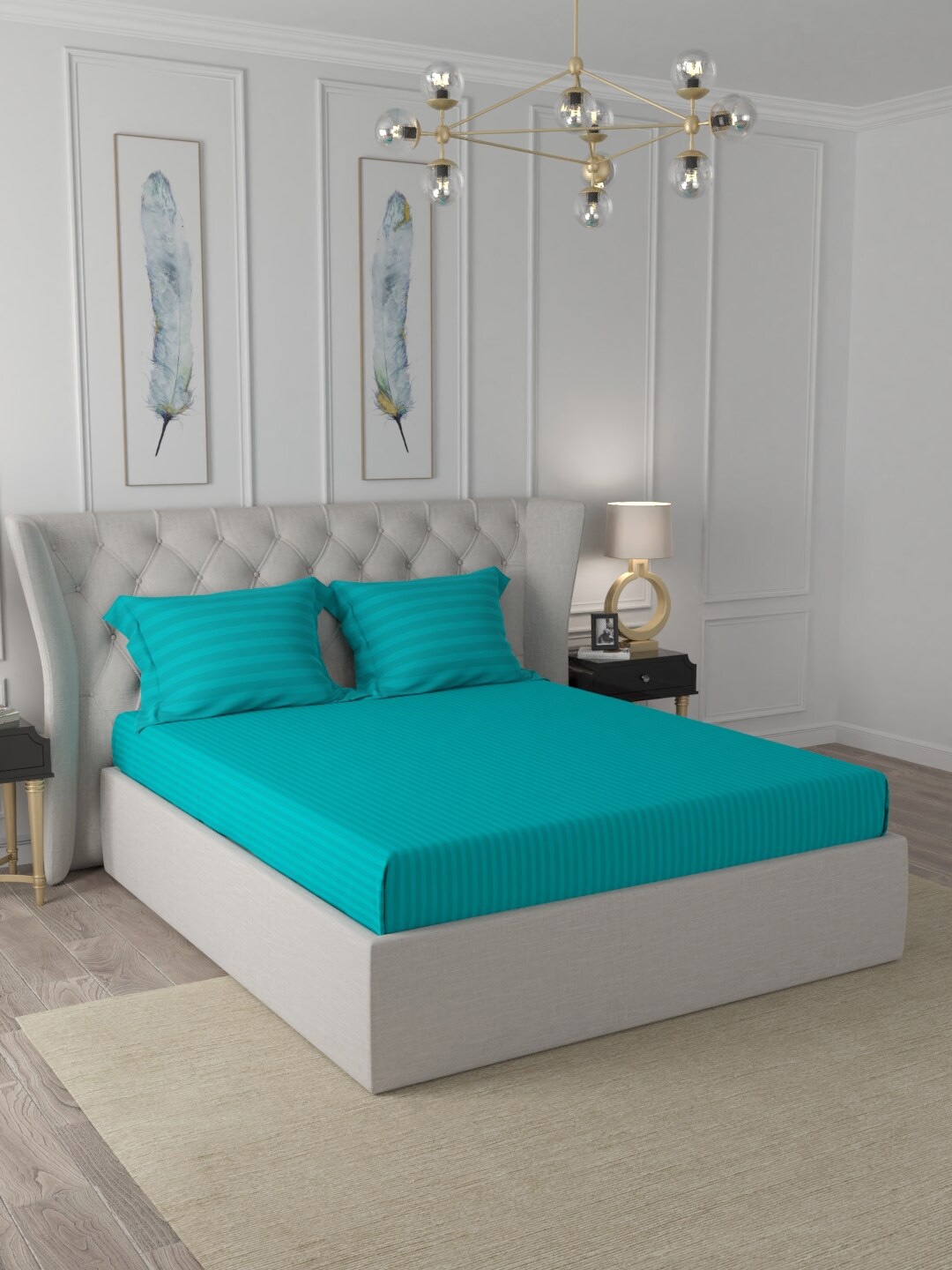 

JAIPUR FABRIC Turquoise Blue Striped 300 TC Queen Bedsheet with 2 Pillow Covers