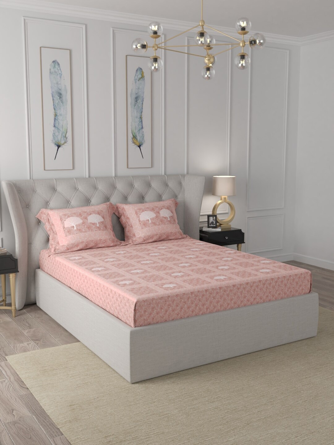 

JAIPUR FABRIC Pink & White Floral 300 TC Pure Cotton King Bedsheet Set