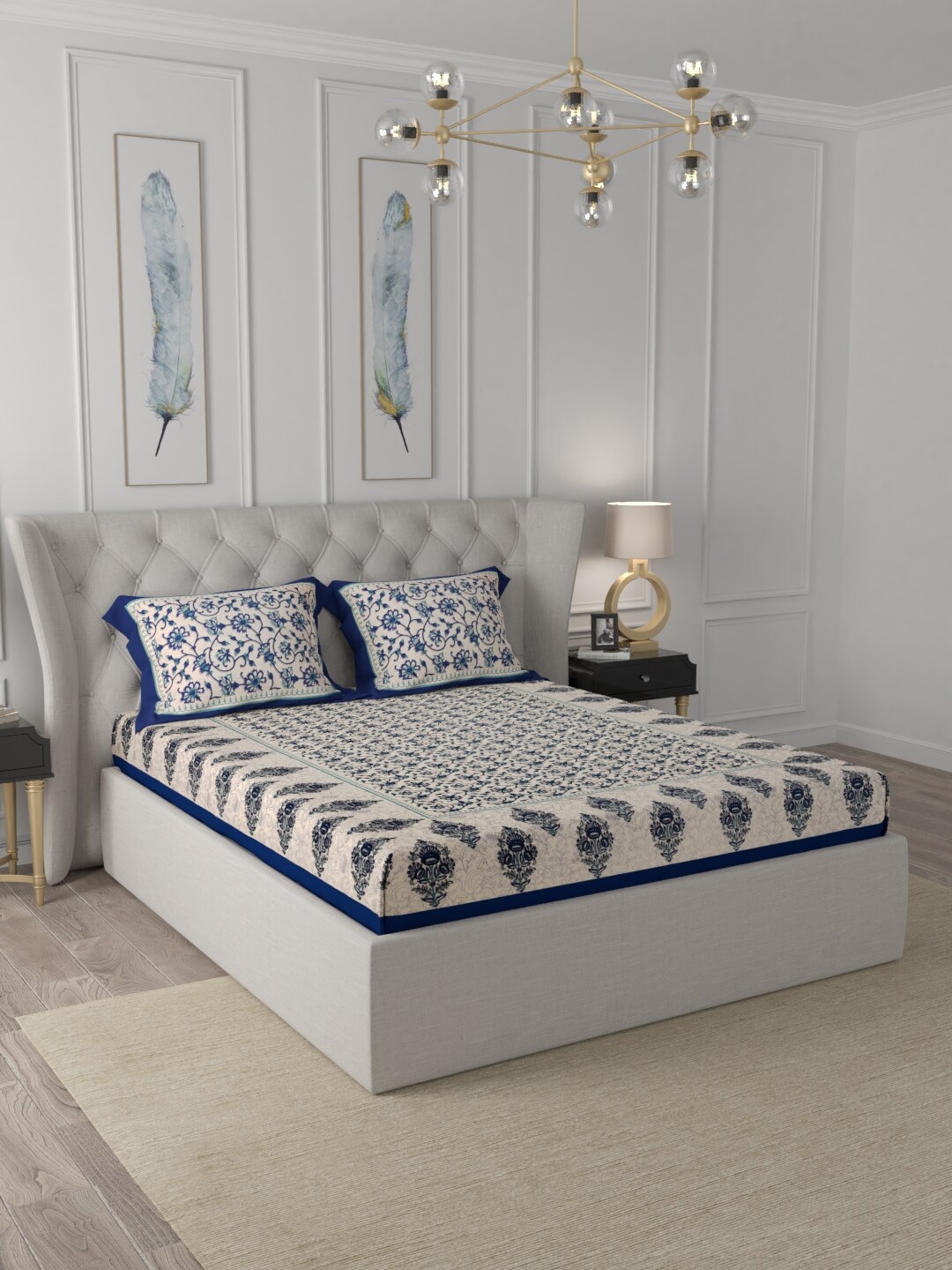 

JAIPUR FABRIC Blue & White Floral 150 TC Queen Bedsheet with 2 Pillow Covers