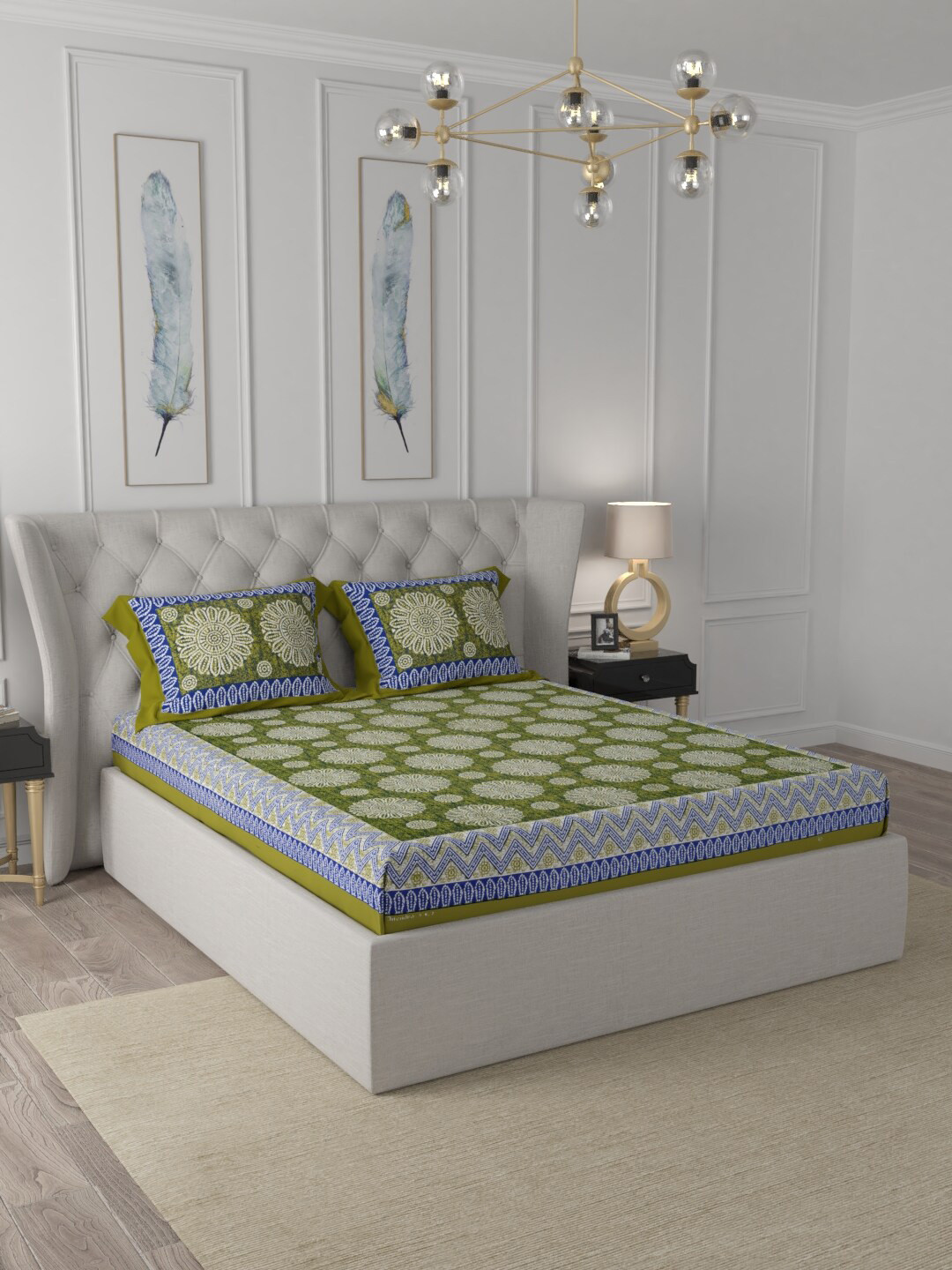 

JAIPUR FABRIC Green & Blue Floral 120 TC Queen Bedsheet with 2 Pillow Covers