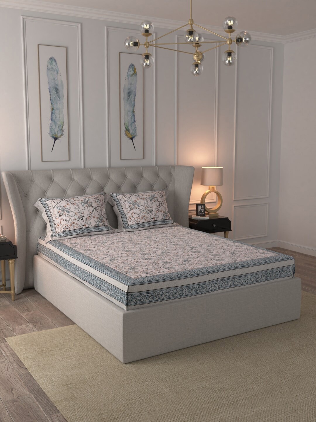 

JAIPUR FABRIC Grey & White Cotton Floral 210 TC Queen Bedsheet with 2 Pillow Covers