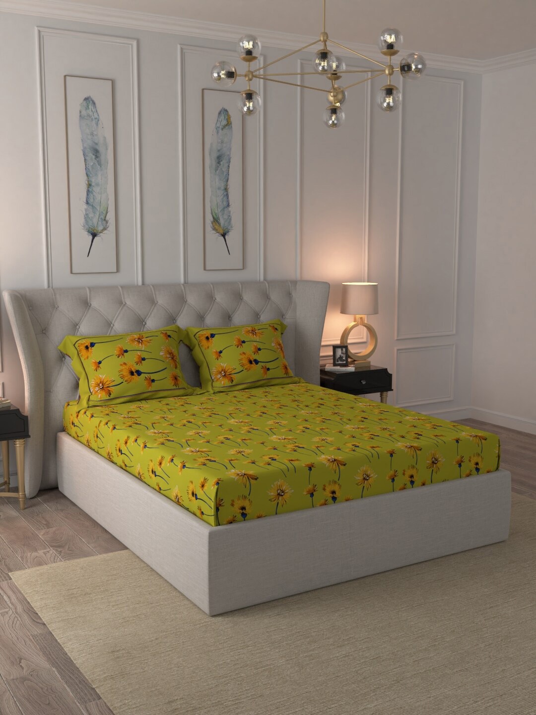 

JAIPUR FABRIC Green & Yellow Floral 150 TC Queen Bedsheet with 2 Pillow Covers