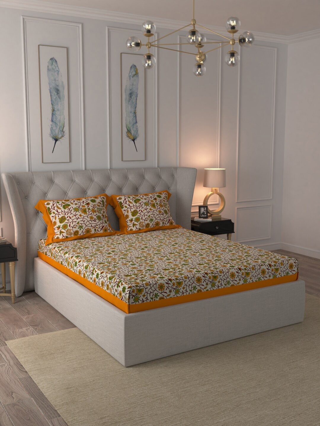 

JAIPUR FABRIC Yellow & White Cotton 150 TC Queen Bedsheet with 2 Pillow Covers