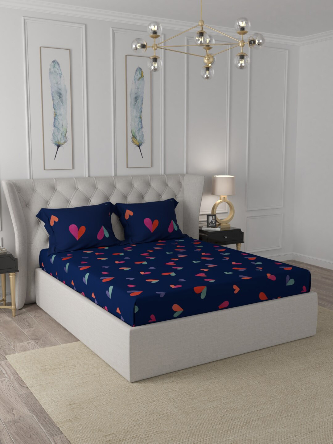 

JAIPUR FABRIC Multicoloured Geometric 150 TC Queen Bedsheet with 2 Pillow Covers, Navy blue