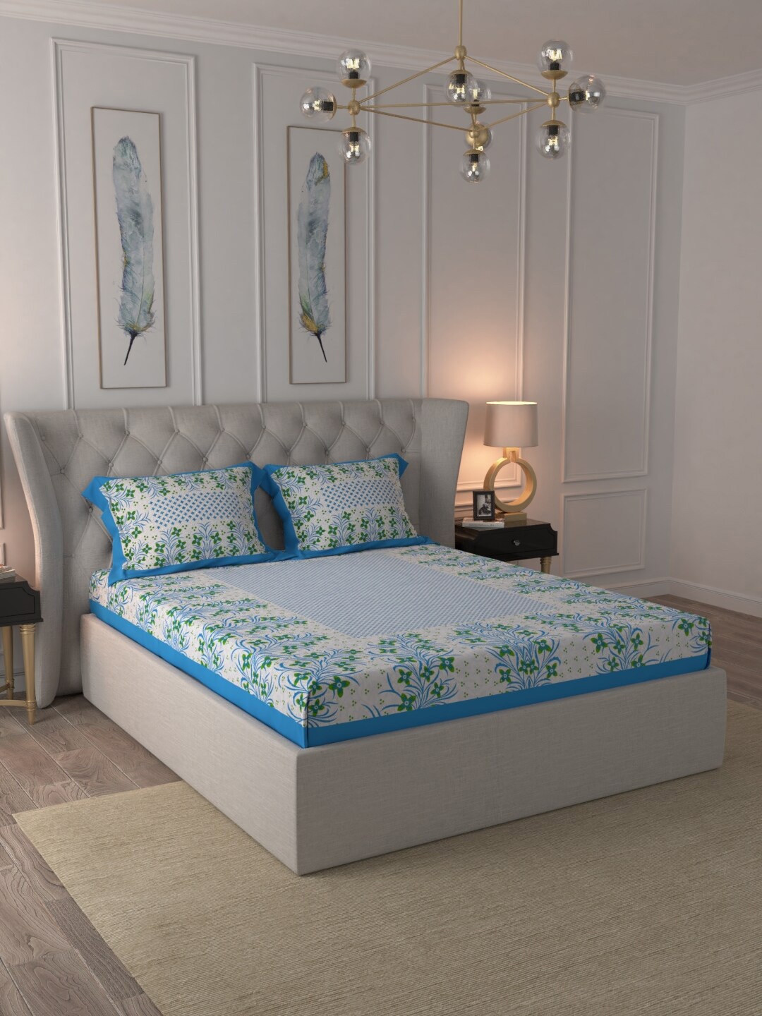 

JAIPUR FABRIC White & Blue Floral 180 TC Queen Bedsheet with 2 Pillow Covers