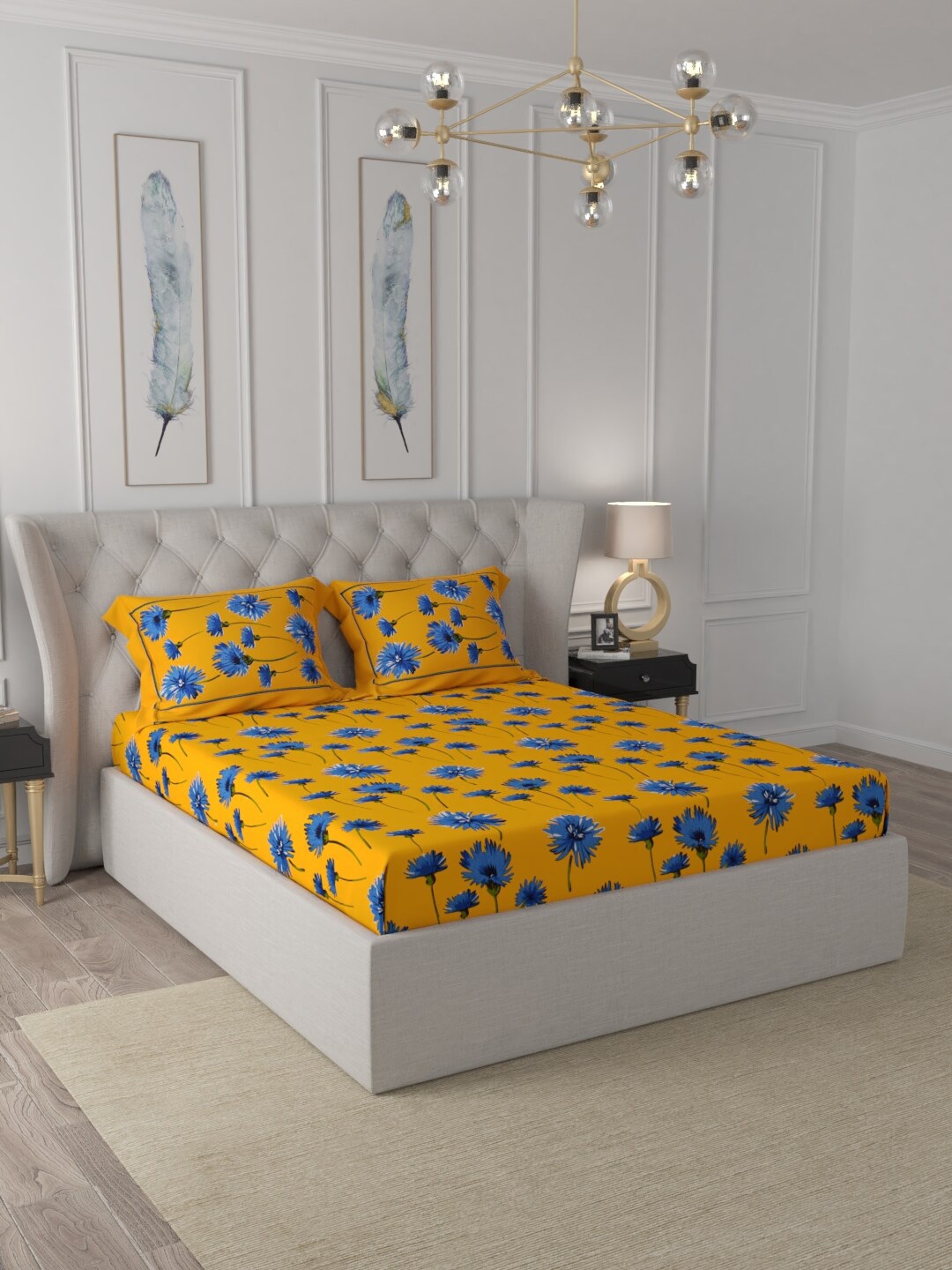 

JAIPUR FABRIC Yellow & Blue Floral 150 TC Queen Bedsheet with 2 Pillow Covers