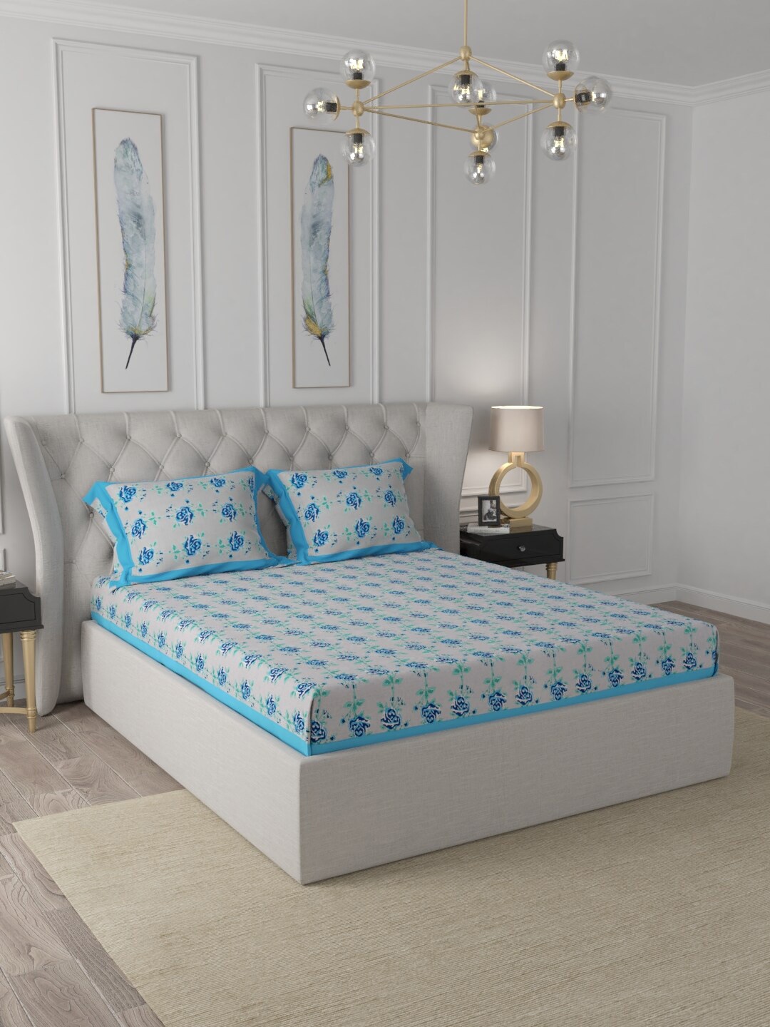 

JAIPUR FABRIC White & Blue Floral 120 TC Queen Bedsheet with 2 Pillow Covers